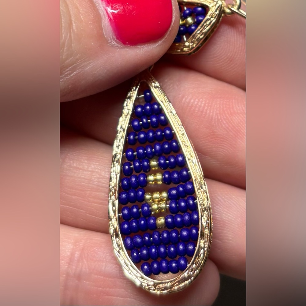 Gold & Blue Hand Beaded Teardrop Earrings - Picture 5 of 5